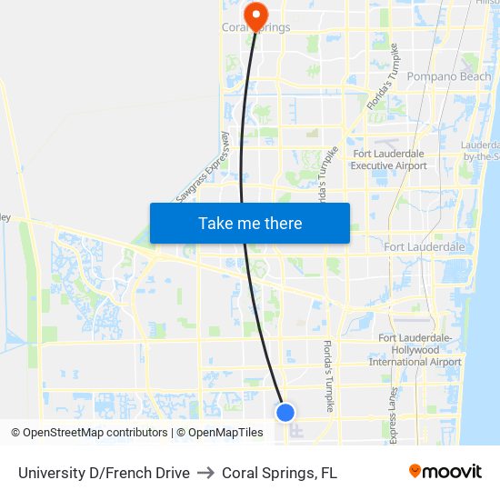 University D/French Drive to Coral Springs, FL map