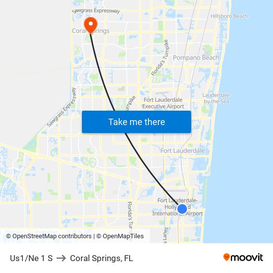 Us1/Ne 1 S to Coral Springs, FL map