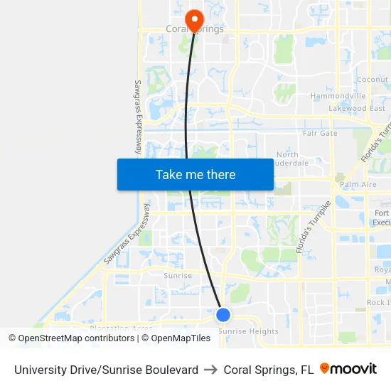 University Drive/Sunrise Boulevard to Coral Springs, FL map