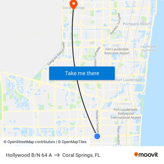 HOLLYWOOD B/N 64 A to Coral Springs, FL map