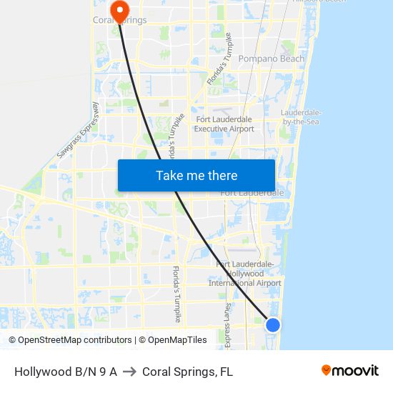 Hollywood B/N 9 A to Coral Springs, FL map