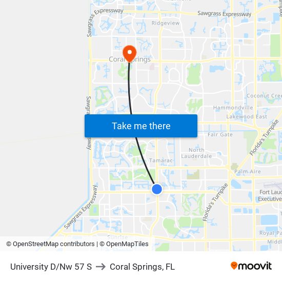 University D/Nw 57 S to Coral Springs, FL map