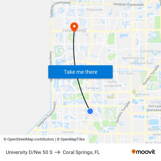 University D/Nw 50 S to Coral Springs, FL map