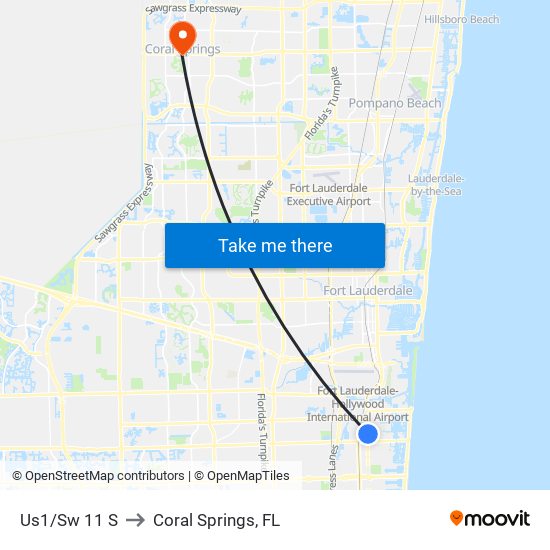 Us1/Sw 11 S to Coral Springs, FL map