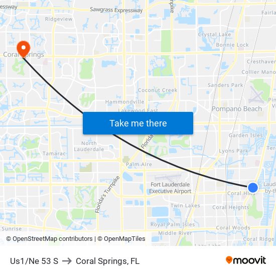 Us1/Ne 53 S to Coral Springs, FL map