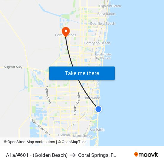 A1a/#601 - (Golden Beach) to Coral Springs, FL map