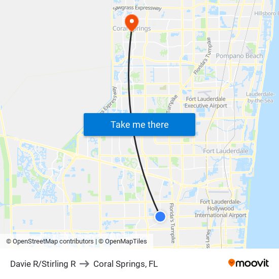 Davie R/Stirling R to Coral Springs, FL map