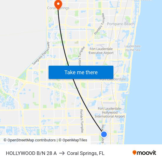 Hollywood B/N 28 A to Coral Springs, FL map