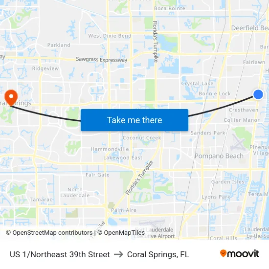 US 1/Northeast 39th Street to Coral Springs, FL map