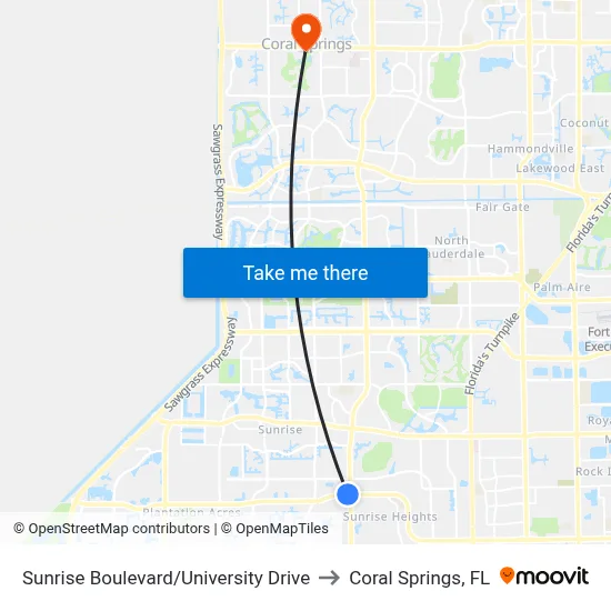 Sunrise Boulevard/University Drive to Coral Springs, FL map