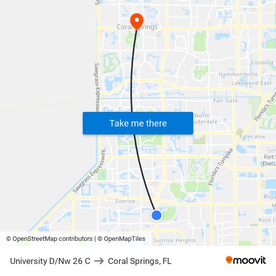 University D/Nw 26 C to Coral Springs, FL map