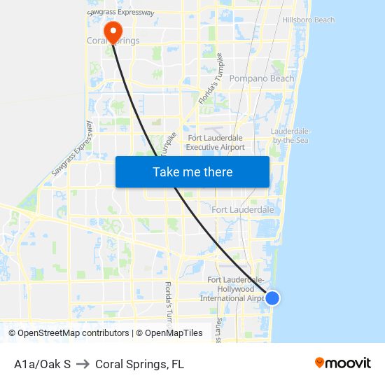A1a/Oak S to Coral Springs, FL map