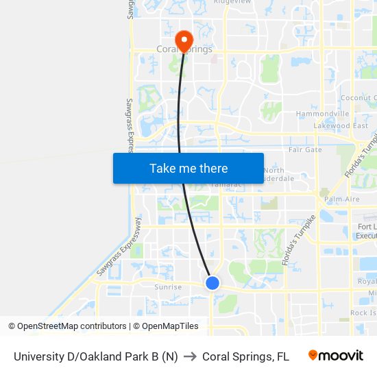 University D/Oakland Park B (N) to Coral Springs, FL map