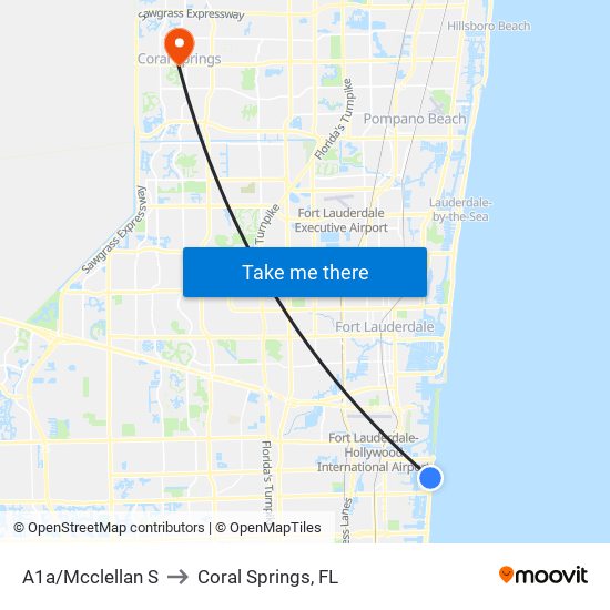 A1a/Mcclellan S to Coral Springs, FL map