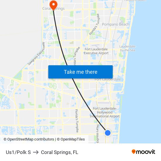 US1/POLK S to Coral Springs, FL map