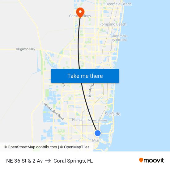 NE 36 St & 2 Av to Coral Springs, FL map