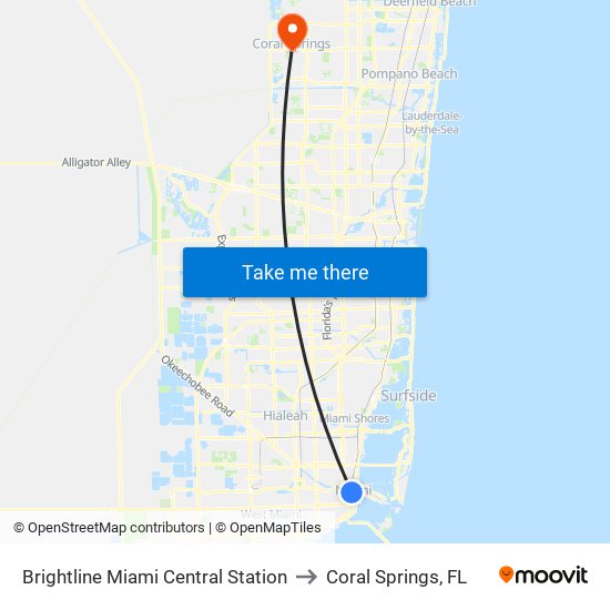 Brightline Miami Central Station to Coral Springs, FL map