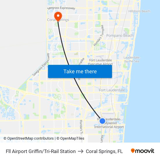 FLL Airport Griffin/Tri-Rail Station to Coral Springs, FL map