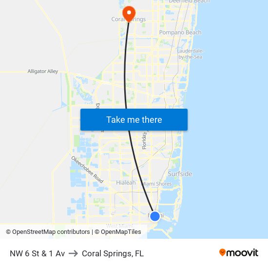 NW 6 St & 1 Av to Coral Springs, FL map