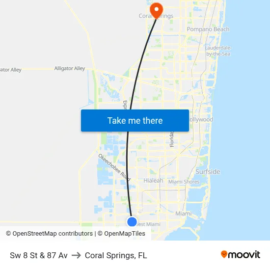 Sw 8 St & 87 Av to Coral Springs, FL map