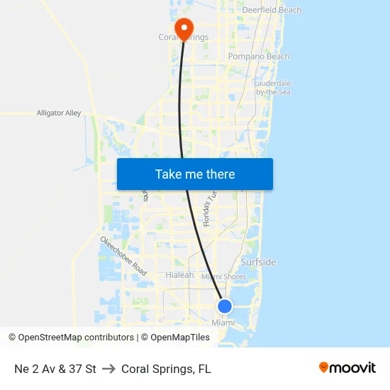 Ne 2 Av & 37 St to Coral Springs, FL map