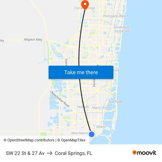 SW 22 St & 27 Av to Coral Springs, FL map