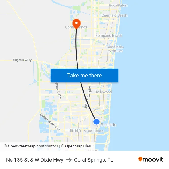 Ne 135 St & W Dixie Hwy to Coral Springs, FL map