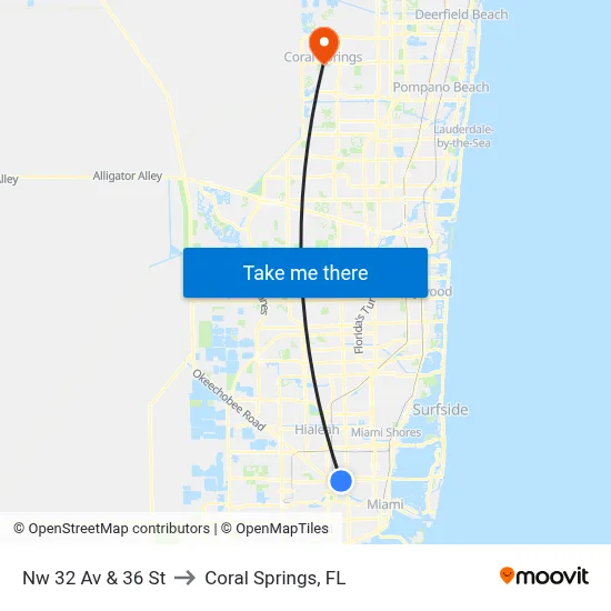 Nw 32 Av & 36 St to Coral Springs, FL map