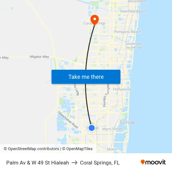 Palm Av & W 49 St Hialeah to Coral Springs, FL map