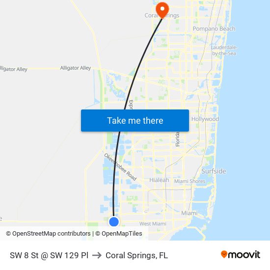 SW 8 St @ SW 129 Pl to Coral Springs, FL map