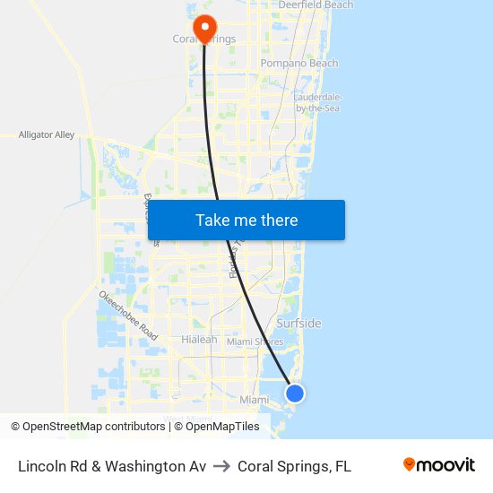 Lincoln Rd & Washington Av to Coral Springs, FL map