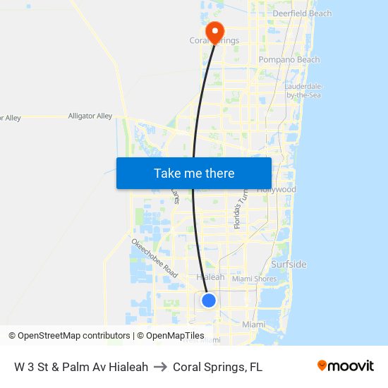 W 3 St & Palm Av Hialeah to Coral Springs, FL map