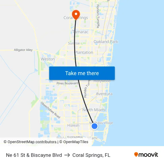 Ne 61 St & Biscayne Blvd to Coral Springs, FL map