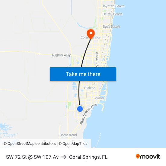 SW 72 St @ SW 107 Av to Coral Springs, FL map