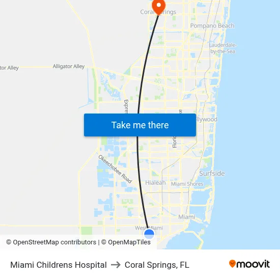 Miami Childrens Hospital to Coral Springs, FL map