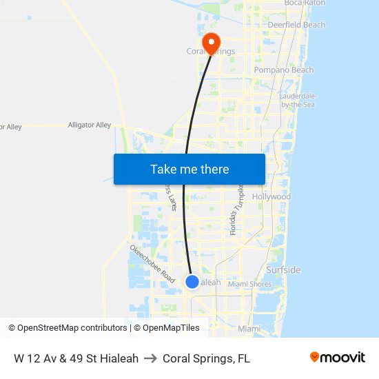 W 12 Av & 49 St Hialeah to Coral Springs, FL map