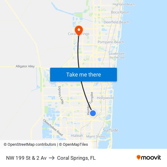 NW 199 St & 2 Av to Coral Springs, FL map