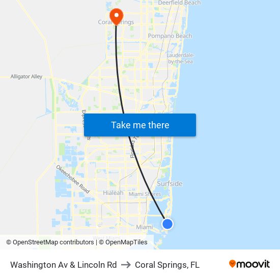 Washington Av & Lincoln Rd to Coral Springs, FL map