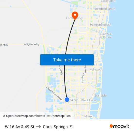 W 16 Av & 49 St to Coral Springs, FL map