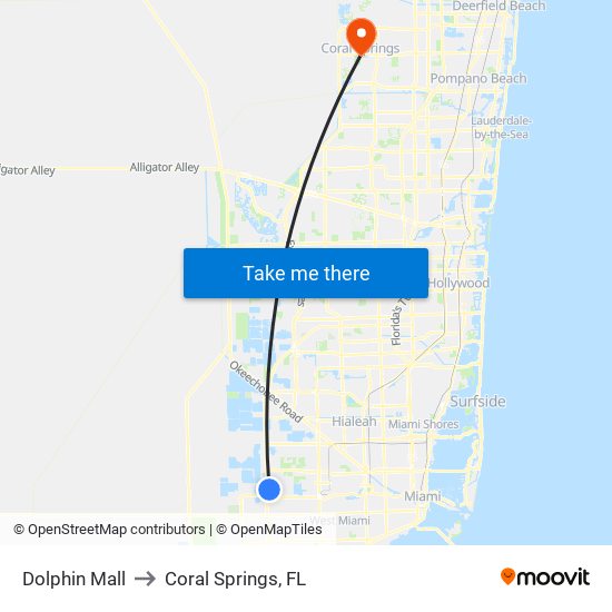 Dolphin Mall to Coral Springs, FL map