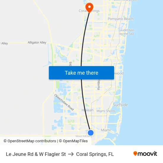 Le Jeune Rd & W Flagler St to Coral Springs, FL map