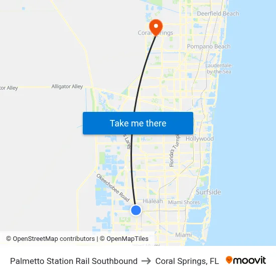 Palmetto Station Rail Southbound to Coral Springs, FL map