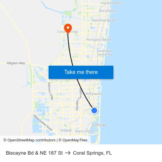 Biscayne Bd & NE 187 St to Coral Springs, FL map