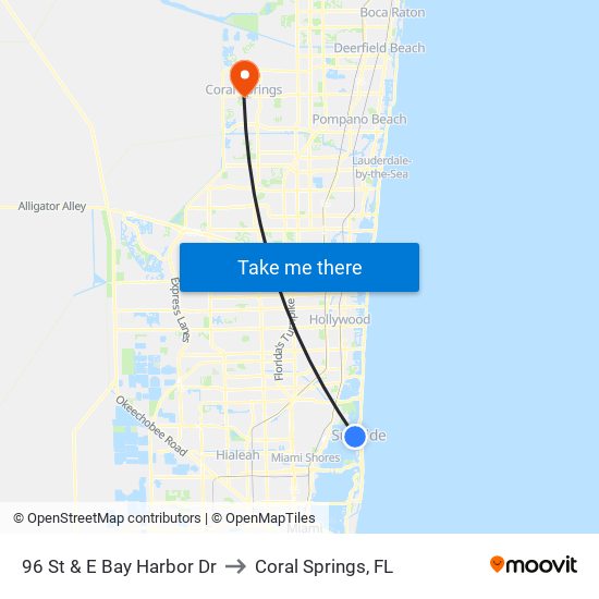 96 St & E Bay Harbor Dr to Coral Springs, FL map