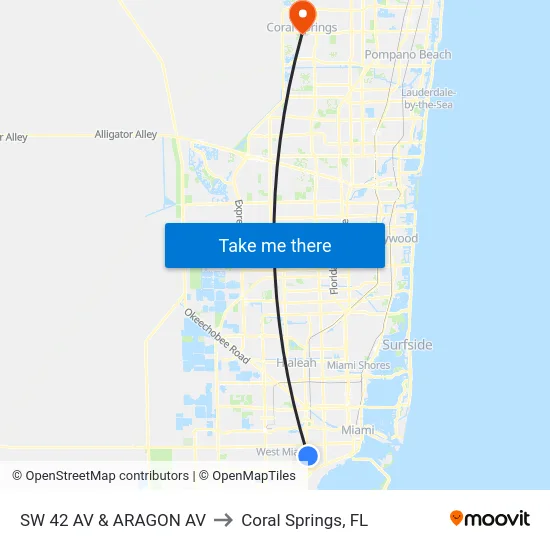 Sw 42 Av & Aragon Av to Coral Springs, FL map