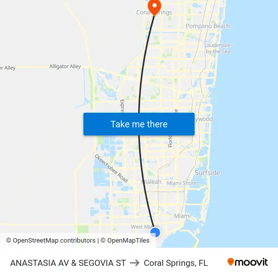 Anastasia Av & Segovia St to Coral Springs, FL map