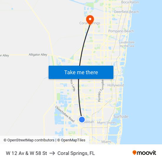 W 12 Av & W 58 St to Coral Springs, FL map