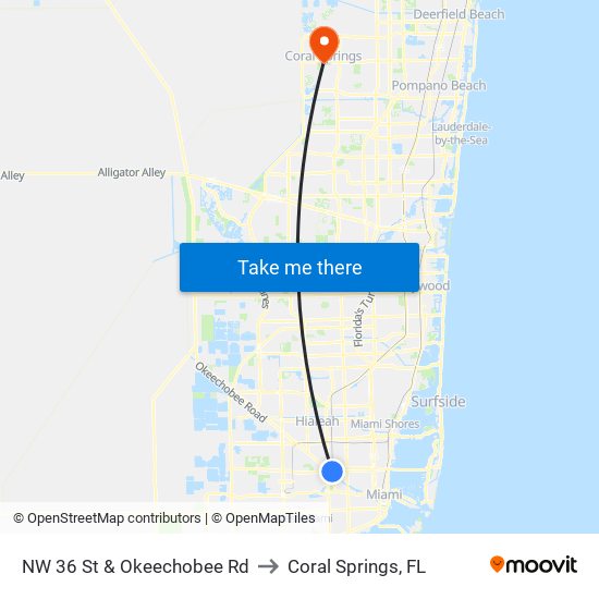NW 36 St & Okeechobee Rd to Coral Springs, FL map