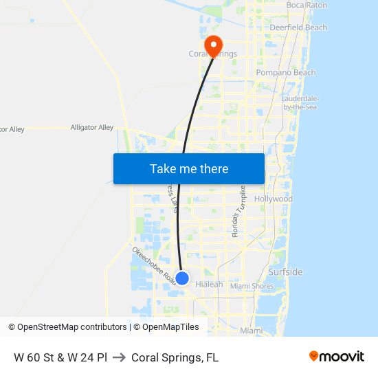 W 60 St & W 24 Pl to Coral Springs, FL map