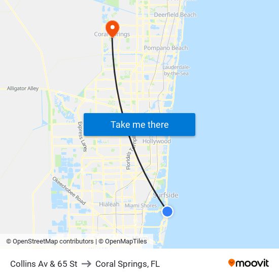 Collins Av & 65 St to Coral Springs, FL map